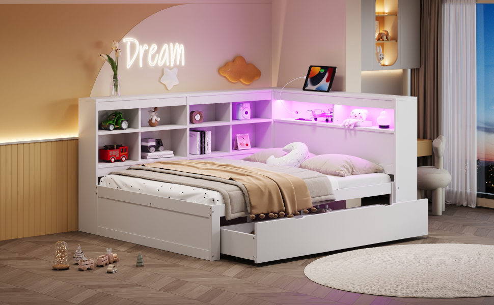 Диван-ліжко Kehun Doppelbet 140x200 см з LED та USB, ящик для зберігання та полиця, білий, без матраца