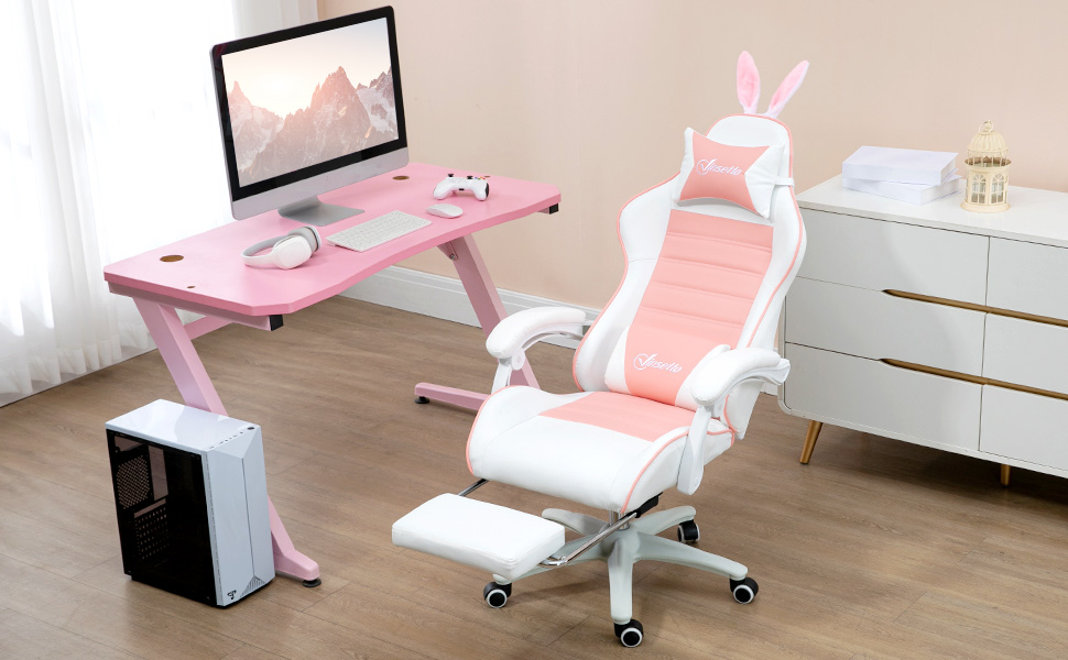 Крісло геймерське Vinsetto Ergonomic з підніжкою, подушкою для голови та попереку, регульованою спинкою, рожеве