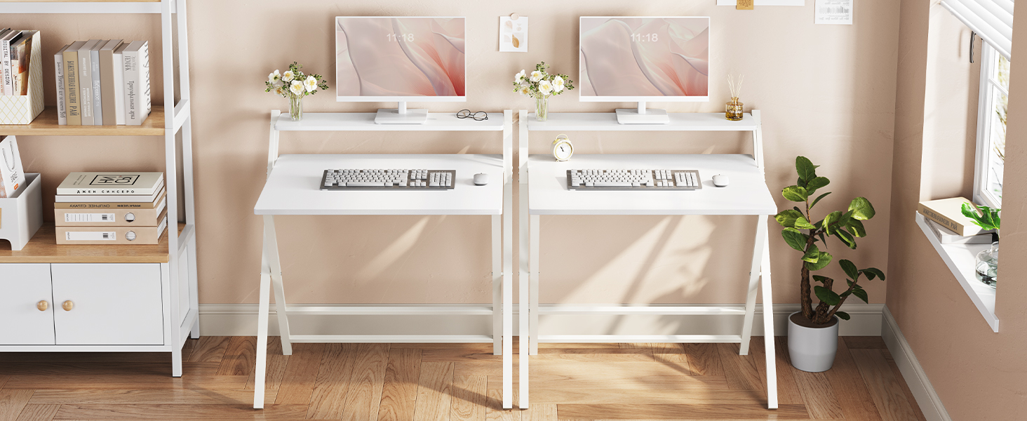 Складний стіл Yaheetech 80 см для комп'ютера з полицею, двоступінчастий робочий стіл з підставкою для монітора, стіл для ноутбука для дому/невеликих кімнат/вітальні, білий, 80 см x 50 см, 86.5x60.5x90 см