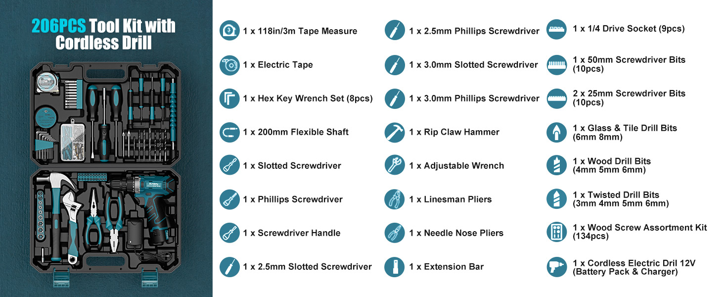 Набір інструментів Sundpey 206 предметів з акумуляторною викруткою 12V для дому та ремонту (синій)