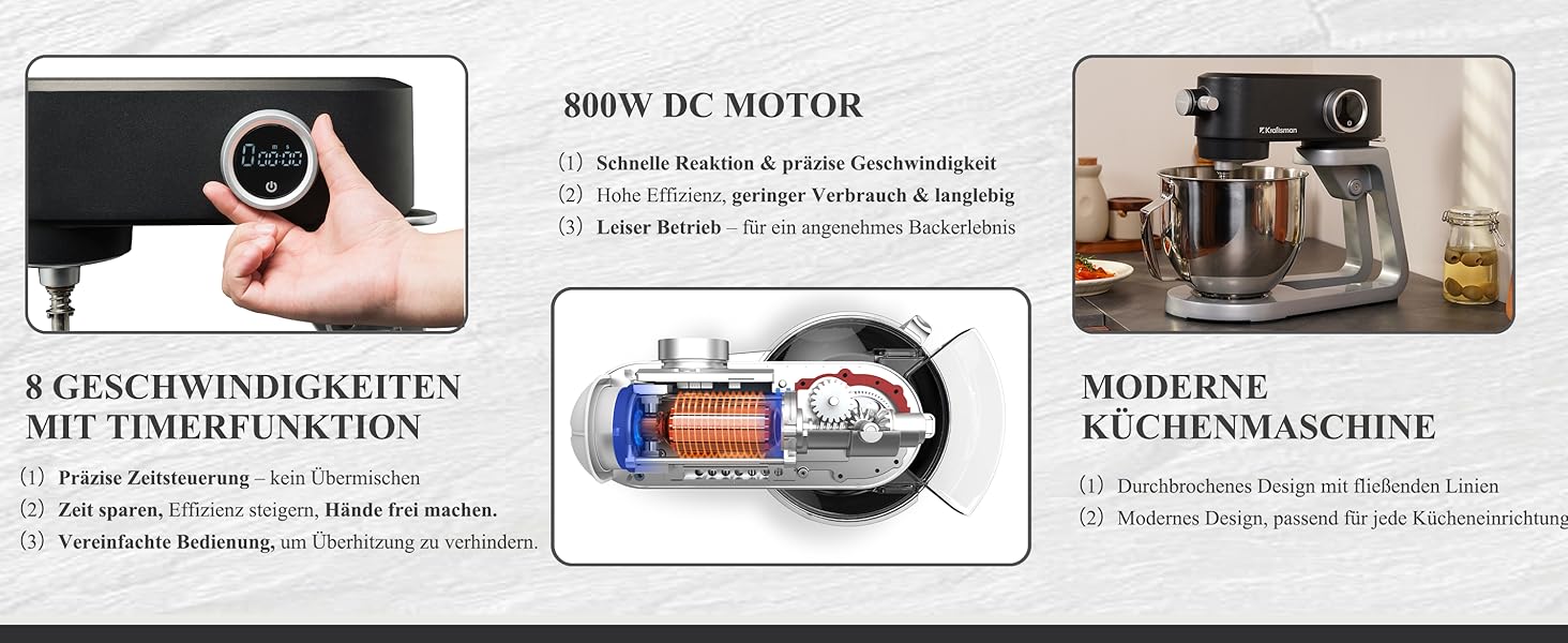 Кухонна машина 5л з місткою чашею з нержавіючої сталі, для тіста, піци, з таймером та 8 режимами. В комплекті: міксер, гак для тіста, вінчик, гнучкий вінчик. Чорний колір.