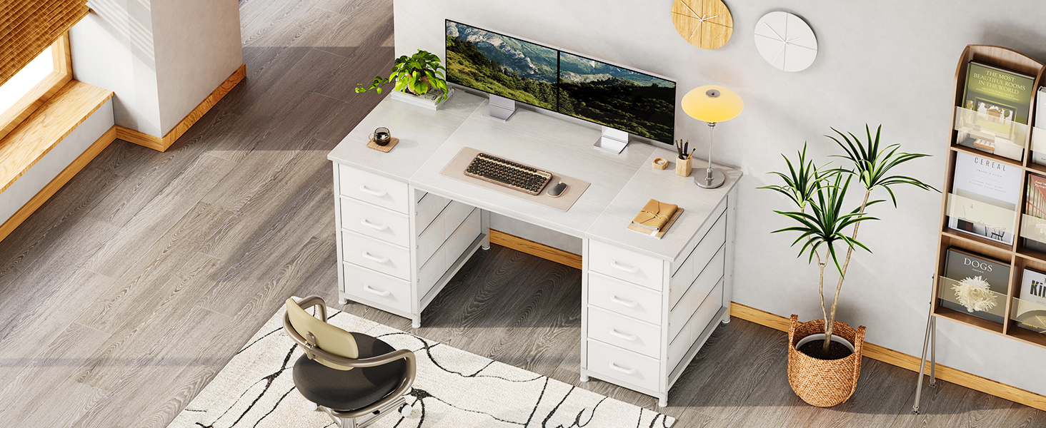 Письмовий стіл Coleshome білий 140x48 см з 8 тканинними шухлядами, комп'ютерний стіл для офісу, дому та робочого кабінету