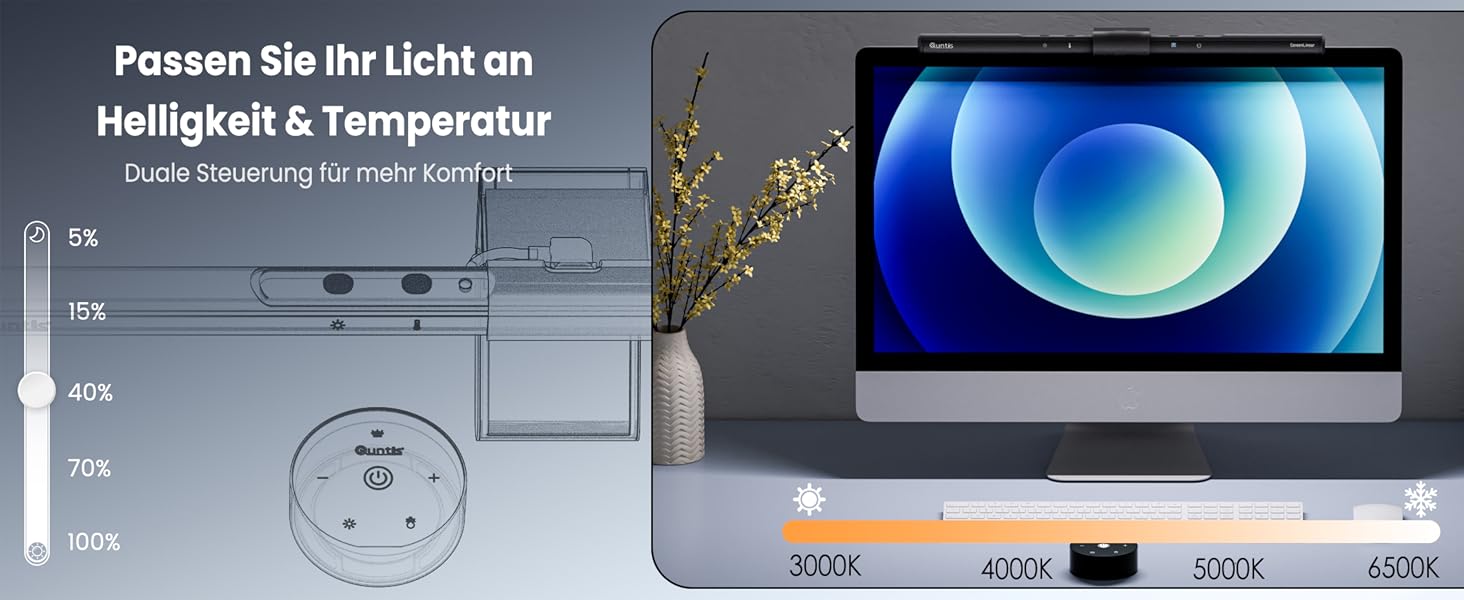 LED лампа для монітора Quntis з дистанційним керуванням та сенсорним управлінням, 40 см, захист від синього світла, USB, автоматичне регулювання яскравості, для ПК, офісу