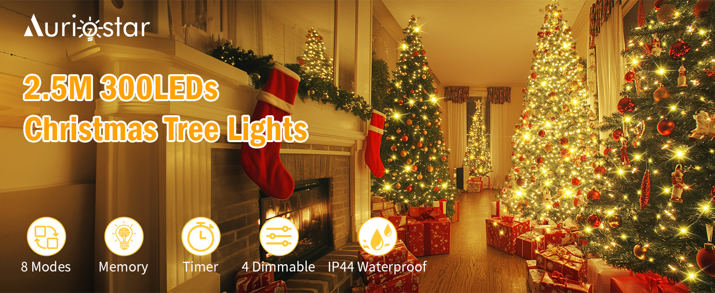 Світлодіодна гірлянда-кільце Auriostar для ялинки 2.5м, 300 LED, 12 гілок, теплий білий колір, 8 режимів та таймер, для ялинки 150-250 см, внутрішнє та зовнішнє освітлення