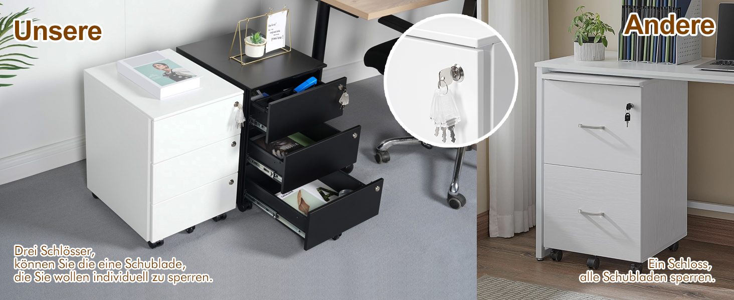 Роликовий контейнер HOMSTEEL з 3 замками, 3 висувні ящики, для офісу та дому, білий (44 x 37 x 60 см)