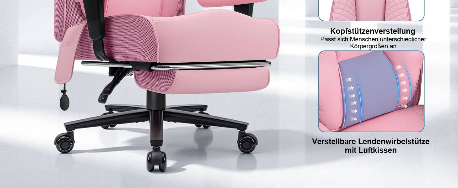 Офісний крісло HOFFREE Ergonomiczne для керівника, 220 кг, з підставкою для ніг, регульованою поперековою підтримкою, регульованою висотою підголівника, PU шкіра, чорне (рожева шкіра)