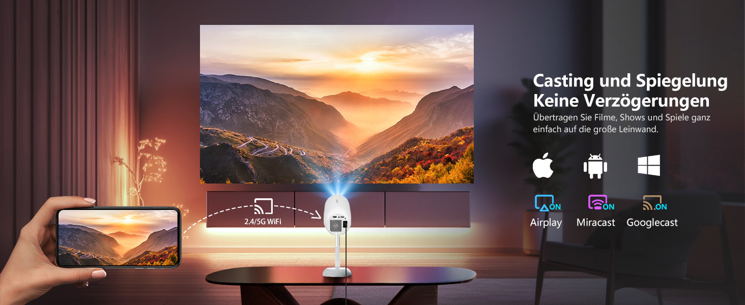 Міні-проектор VGKE з Android TV 13.0, 23000 люмен, Full HD 4K, WiFi6, Bluetooth, автофокус, автоматична корекція трапецеїдальних спотворень, для телефону/зовнішнього використання/ноутбука