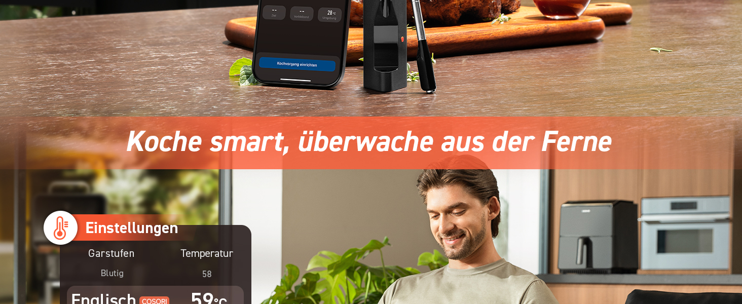 Термометр для м'яса COSORI Smart - бездротовий, Bluetooth, для фритюрниці, приготування на грилі та духовці, чорний