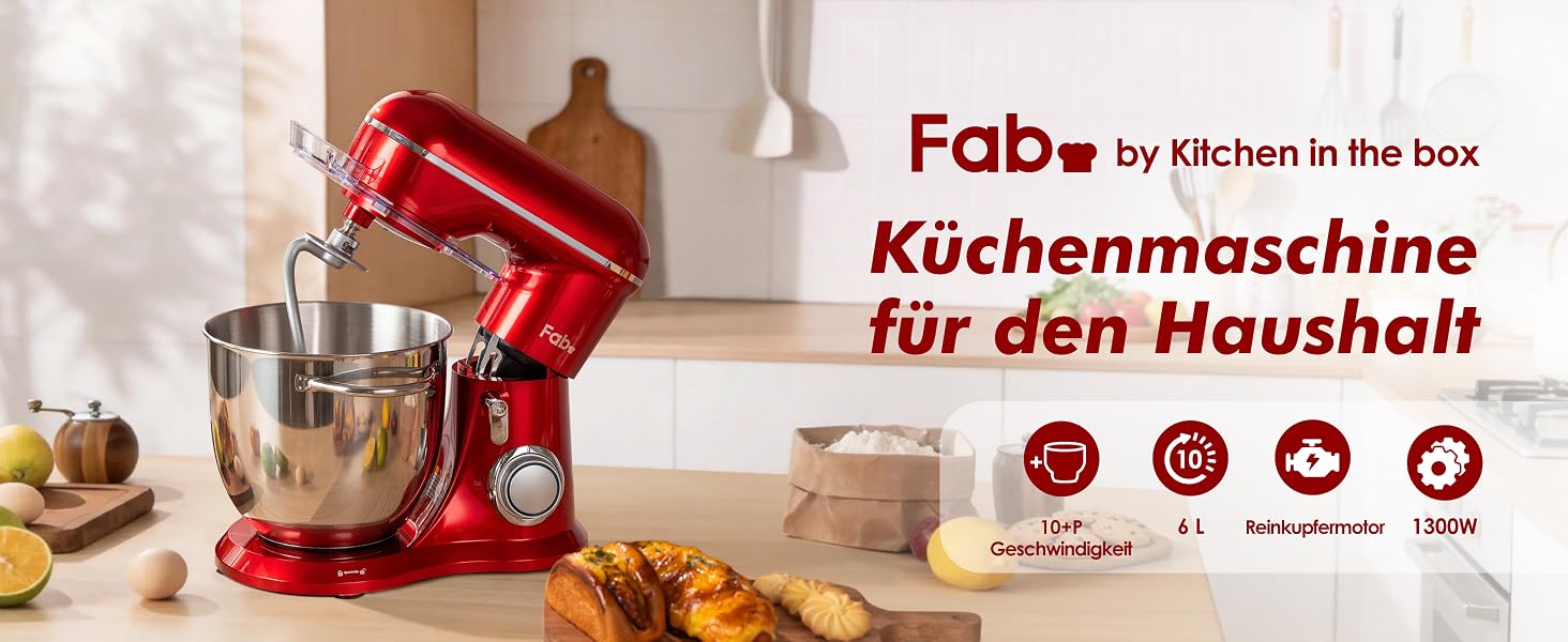 Кухонний комбайн Kitchen in the box Fab-Serie 6L: потужний планетарний міксер 1300 Вт, 10 швидкостей, з набором насадок (гак, вінчик, міксер), червоний