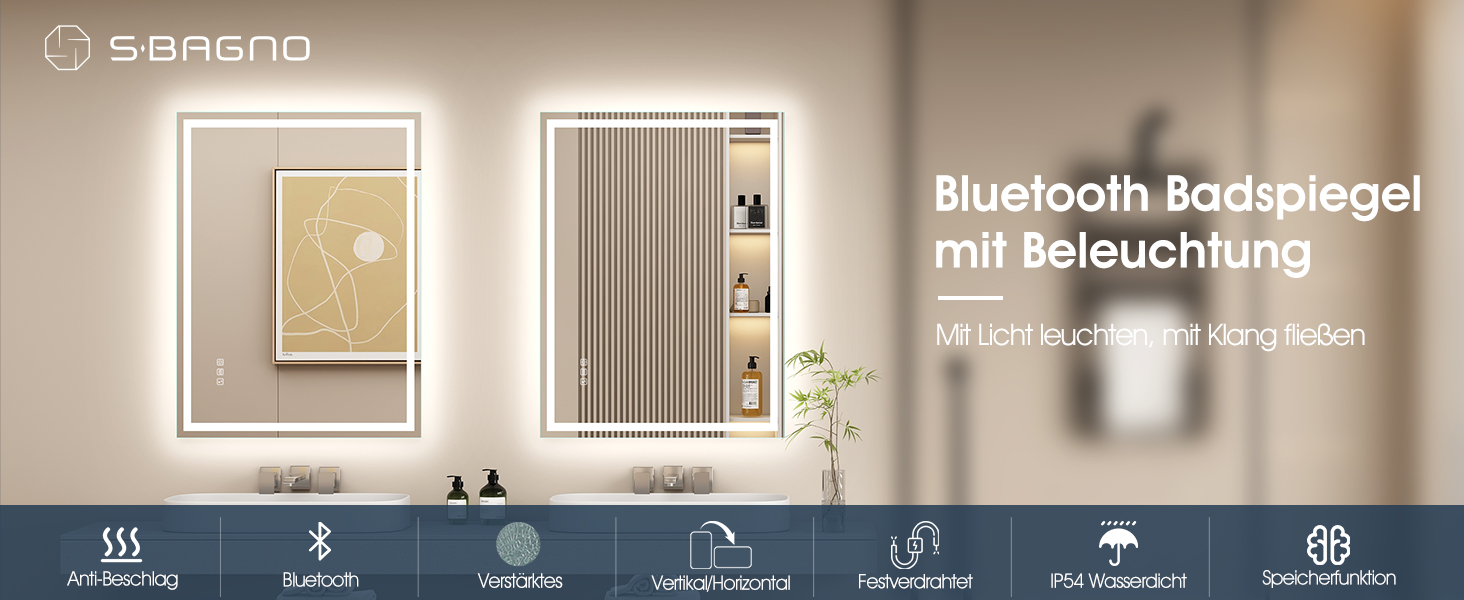 Дзеркало для ванної кімнати S'bagno з підсвічуванням Bluetooth 100x70 см, LED, антизапар, регулювання кольору, IP44