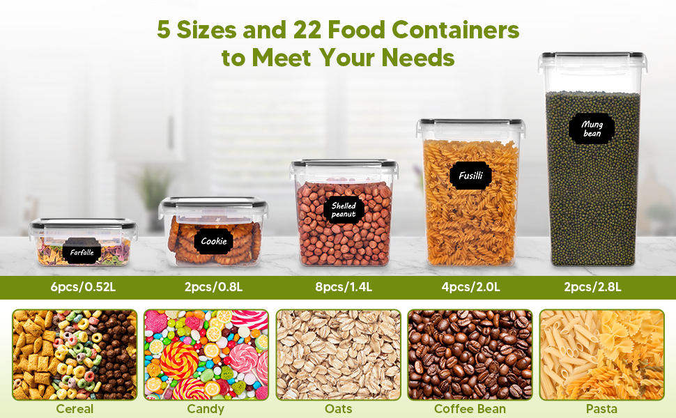 Набір контейнерів для зберігання продуктів 22 шт. з кришкою, BPA-Free, для крупи, макаронів, кави (2,8 L/2 L/1,4 L/0,8 L/0,52 L)