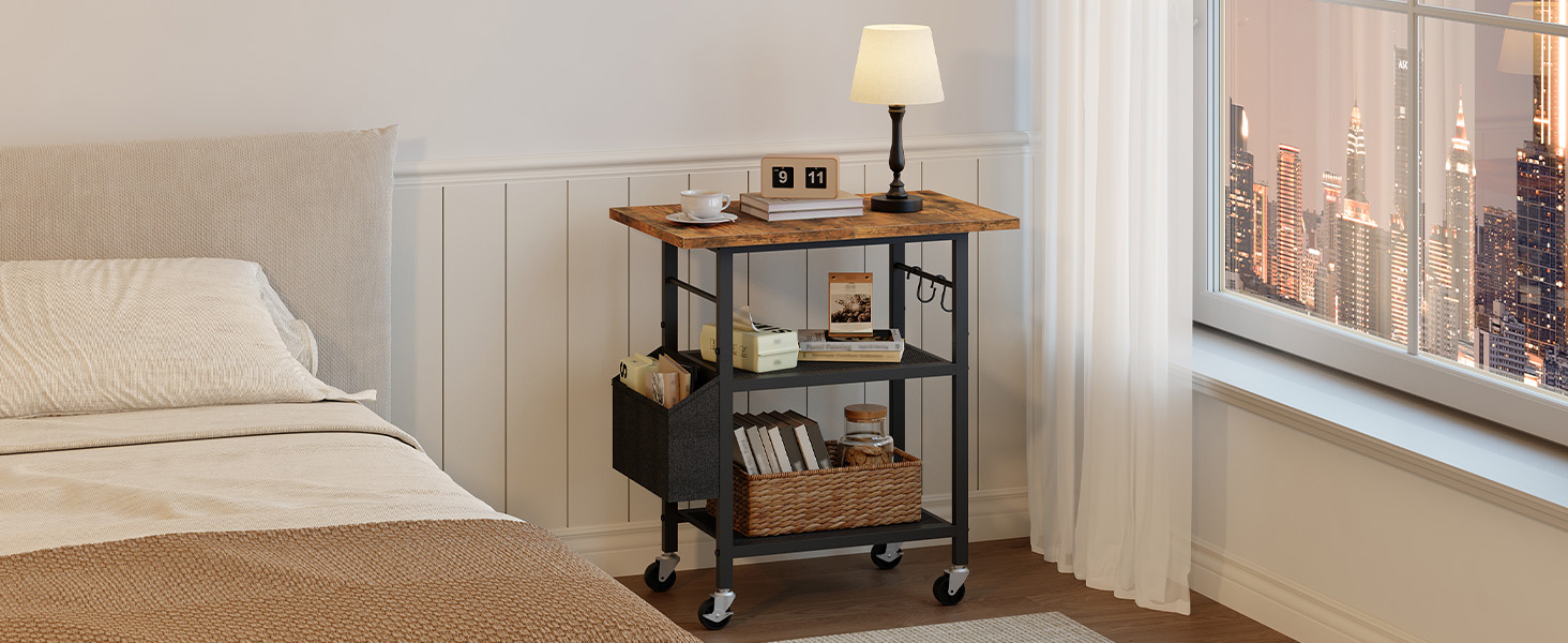 Трирівневий стіл для принтера з ящиком, контейнер на коліщатках, стійка для принтера, полиця для зберігання, в стилі індустріального лофту, з бічною кишенею, дерев'яна полиця, 2 S-гачки, для домашнього офісу, рустикально-коричневий та чорний, APTHR2501, 50 x 40 x 60 см