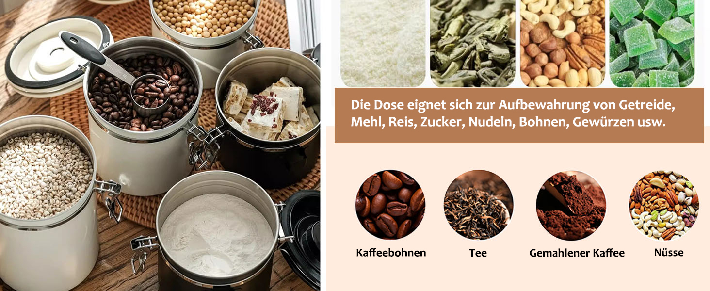 Герметична кавова банка з нержавіючої сталі, 1,8L, з датчиком дати, CO2-вентилем та мірною ложкою, для кави, чаю, горіхів, какао, чорна