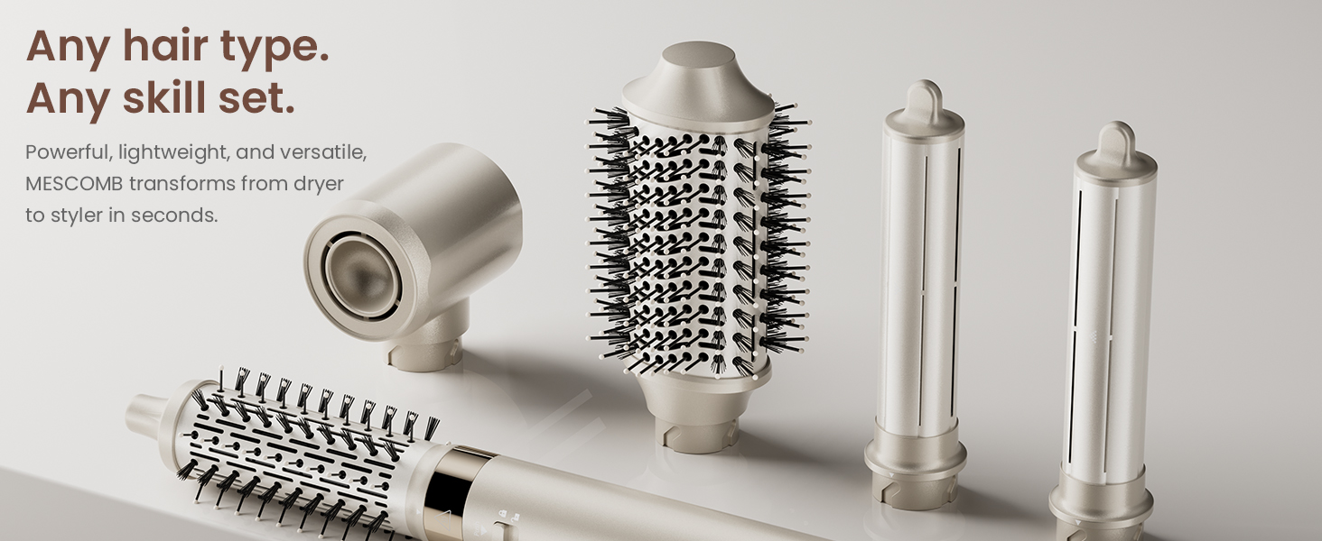 Мультистайлер для волосся 5 в 1 MESCOMB: високошвидкісний фен, круглий брашинг та автоматичний курлер для об'єму, локонів і випрямлення, колір шампань-золото