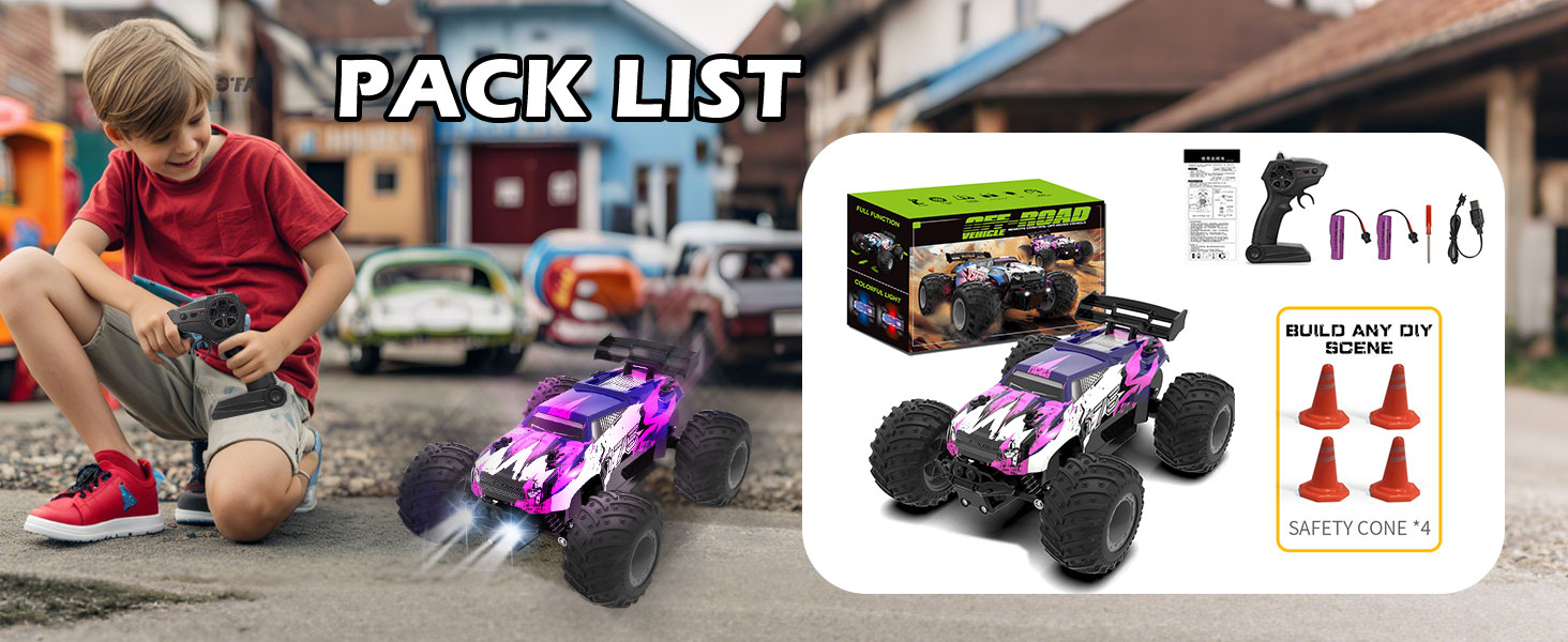 Радіокерований позашляховик FEIMUOSI 1:18 RC Car: LED підсвітка, 2.4GHz, 2 акумулятори, швидкість 20 км/год, для дітей та дорослих, фіолетовий