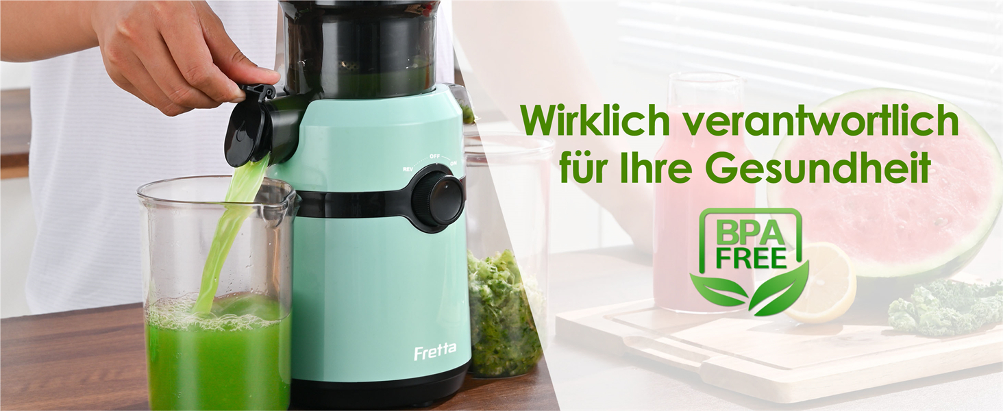 Фреш-прес Fretta: повільний соковичавник з широкою завантажувальною трубою (108 мм), 200W, 1 л, BPA-free Tritan, блакитний