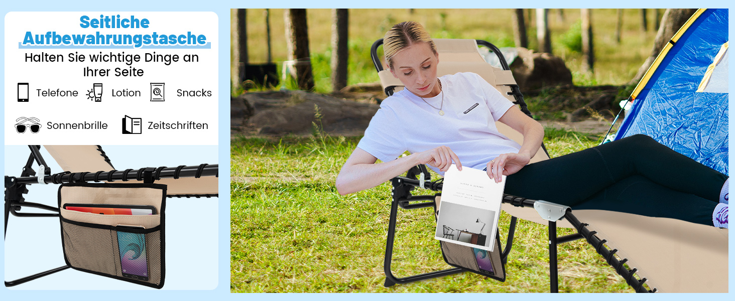 Шезлонг для саду Costway з підголівником та кишенею, висока посадка, регульована спинка, вантажопідйомність до 150 кг, сірий (188 x 59 x 41 см)