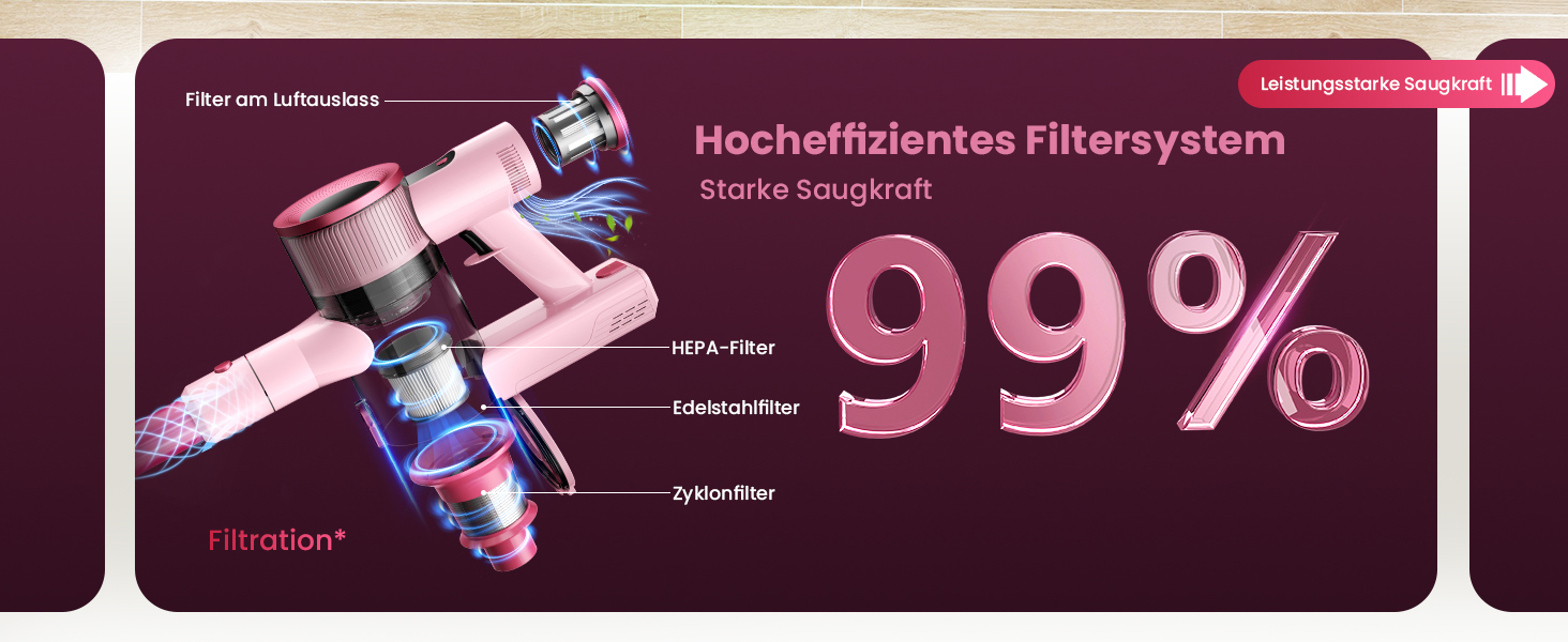 Акумуляторний пилосос Dzaki 50000 Па з дисплеєм, підставкою, довгою роботою та щіткою проти заплутування для килимів, твердих підлог, шерсті тварин, авто - помаранчево-рожевий