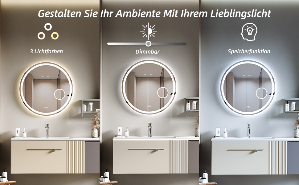 Дзеркало для ванної кімнати HySail з підсвічуванням, 5 мм, високоякісний срібний, 3 колірні температури та регульована яскравість, настінне, з сенсорним вимикачем та антизапарюючим покриттям, кругле (70x70 см)