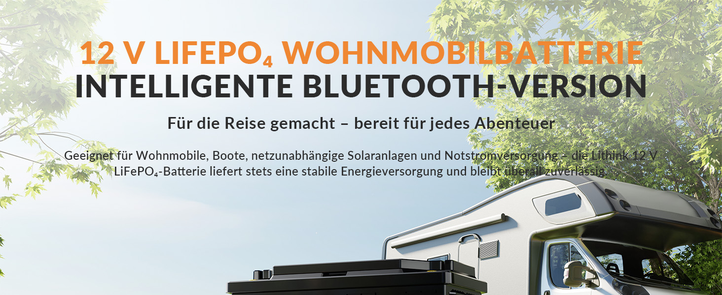LiFePO4 акумулятор 12V 100Ah H190 ECE R10 з Bluetooth 5.4 для кемперів та автобудинків, літієва батарея (набір 2 шт)