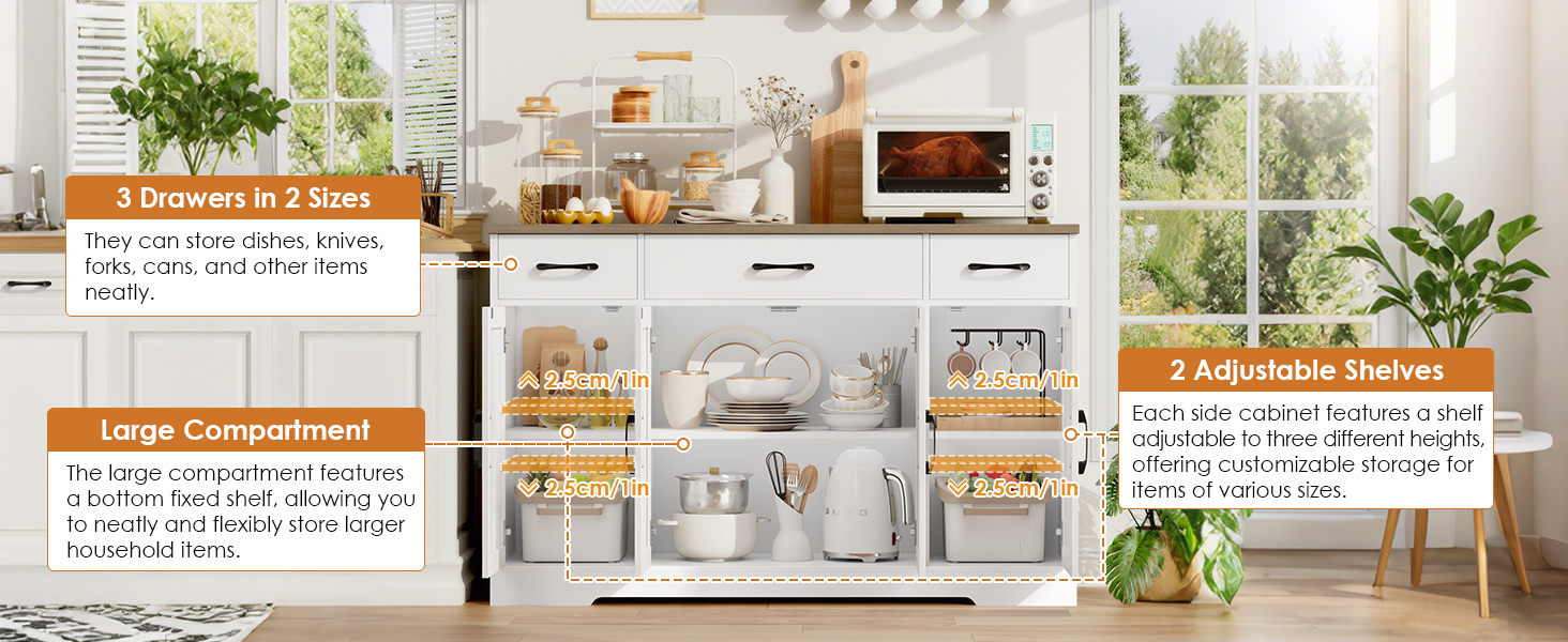 Сервант HOCSOK 140 см: кухонна шафа з 2 регульованими полицями, буфет з 3 висувними ящиками та 4 дверцятами, для вітальні, кухні, передпокою, білий & коричневий