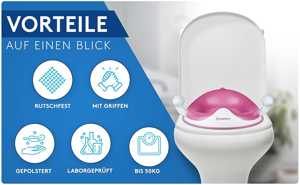 Дитяче сидіння для унітазу Edelkern з ручками та захистом від бризок, до 50 кг, блакитне