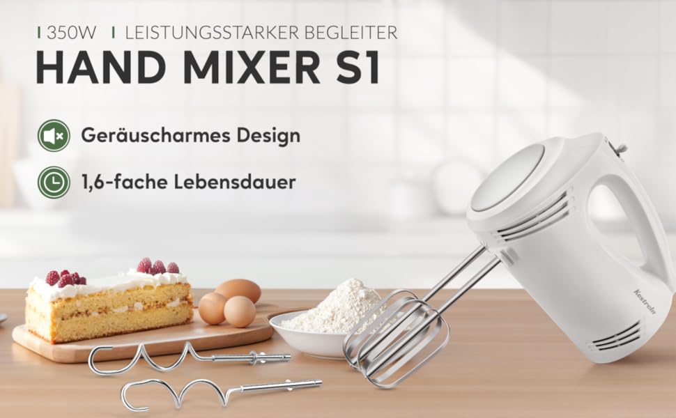 Електричний ручний міксер Kestreln з плоским дном для випічки, потужний міксер для тортів та густого тіста, з гаком для вимішування (S1 білий)