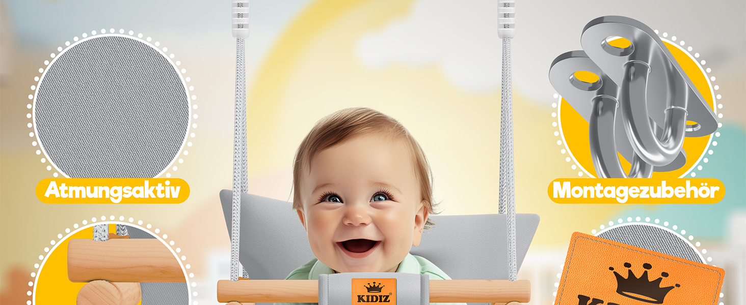 Дитячий гойдалка-колиска KIDIZ® для немовлят від 6 місяців та малюків до 3+ років. Дерев'яна гойдалка з регульованою висотою та м'якою подушкою. Для дому та вулиці, антрацит.