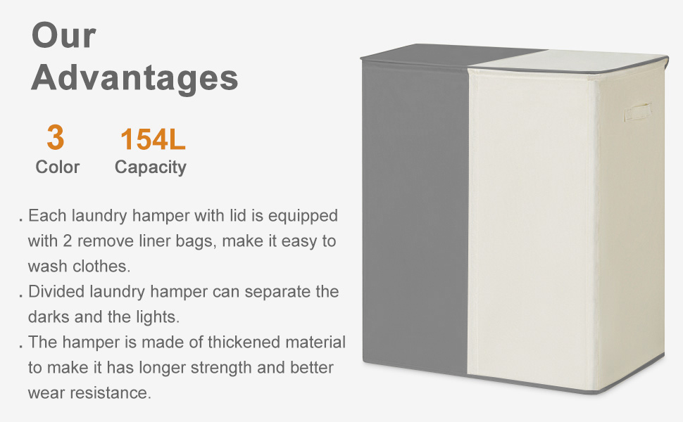 WOWLIVE Кошик для білизни з кришкою, великий, розкладний, 2 секції, з ручками (154л, Бежевий+сірий)