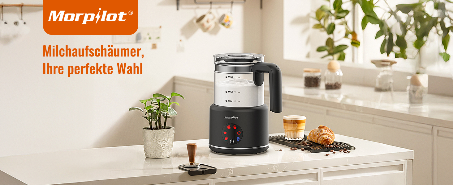 Електричний спінювач молока Morpilot 6-в-1, чорний, 130-500 мл, 600 Вт, для капучино, лате, гарячого шоколаду, миється у посудомийній машині