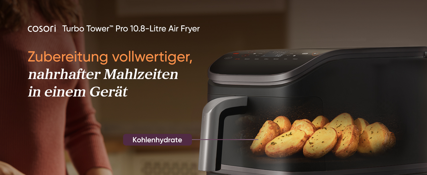 Фритюрниця без олії COSORI Turbo Tower Pro з керамічним покриттям, 2 камери, 10.8 л, DualBlaze, автоматичне регулювання повітряного потоку