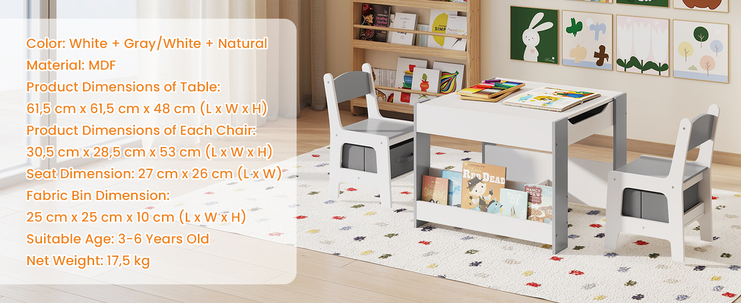 Дитячий стіл LIFEZEAL 3 в 1 з 2 стільцями: стіл для малювання, активностей та обідній стіл. Дитяча меблева група з дерева з місцем для зберігання (сірий)