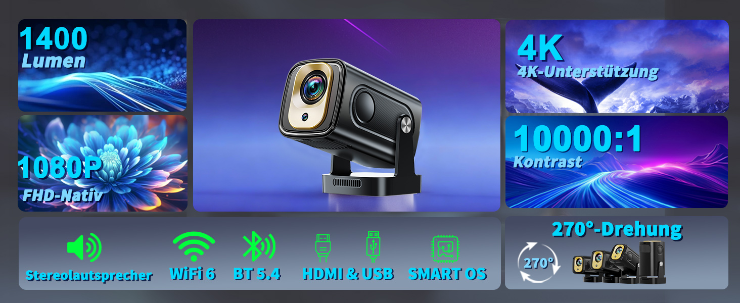 Портативний проєктор Mini Beamer 4K Full HD 1080P з WiFi 6, Bluetooth 5.2 та автоматичною корекцією трапецеїдальних спотворень. Підтримка HDMI, TV Stick, Memory Stick, Laptop. Білий (NT10-Black)