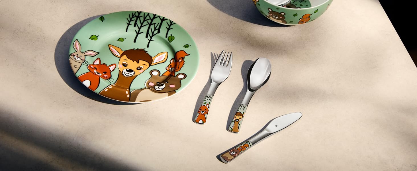 Набір дитячого столового прибору WMF Waldfreunde, нержавіюча сталь, 4 шт., для дітей від 3 років, Cromargan, придатний для миття в посудомийній машині