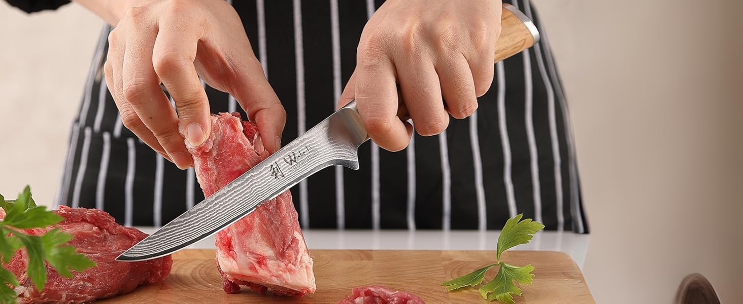 Ніж кухарський Wakoli з дамаської сталі (серцевина VG10) з 20 см лезом – гострий та збалансований – ніж з ручкою з оливкового дерева в подарунковій коробці – ніж кухарський з дамаської сталі для професійних та аматорських кухарів (ніж для обробки м'яса)