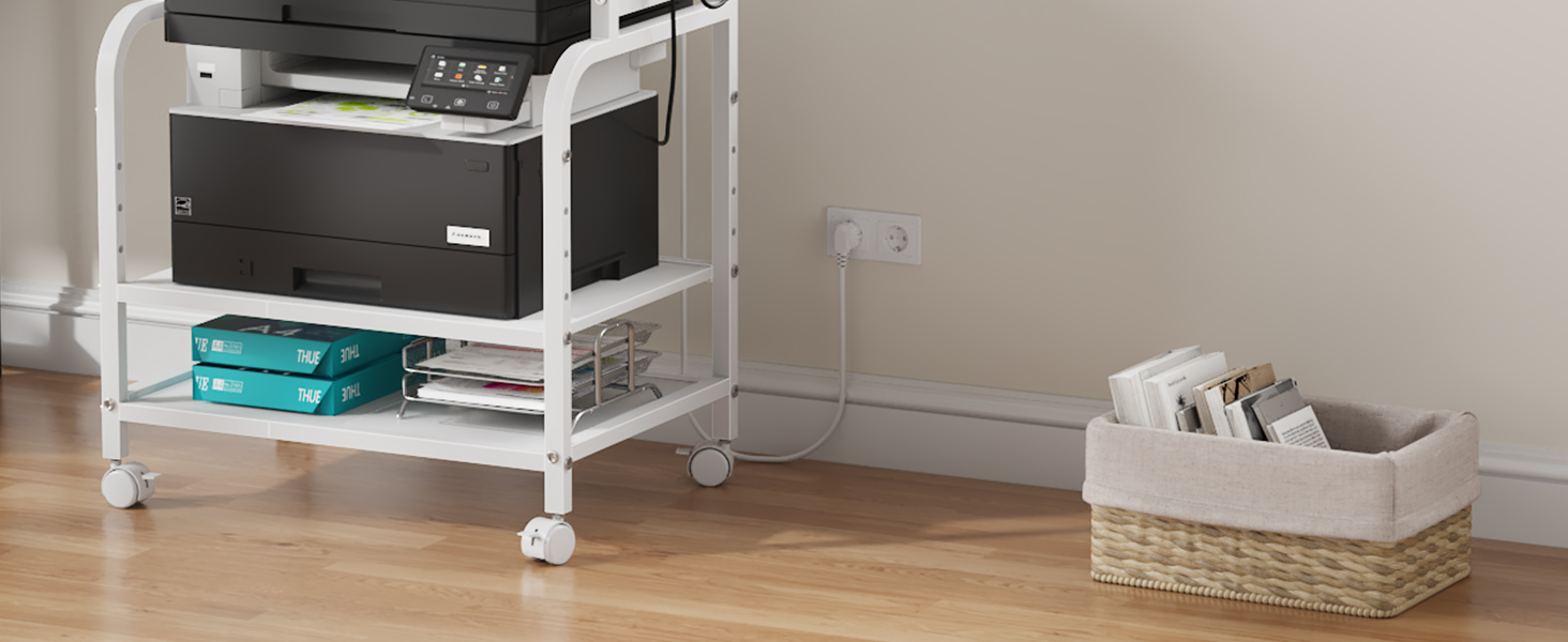 Тристопельний стіл для принтера з розеткою та USB-портами, регульовані полиці, роликовий стійка для дому/офісу, для 3D/лазерного друку, термопреса (білий, 60 см)