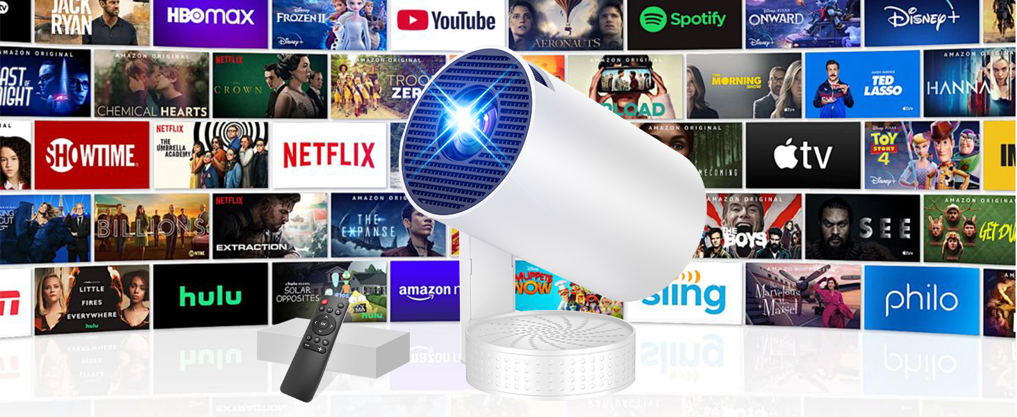 Портативний проєктор Mini Beamer 4K/1080p з Wi-Fi 6, Bluetooth 5.4, Android 13.0. Короткий фокус, поворот 270°, авто-корекція трапецеїдальних спотворень. Підтримка HDMI, TV Stick, Laptop, Memory Stick