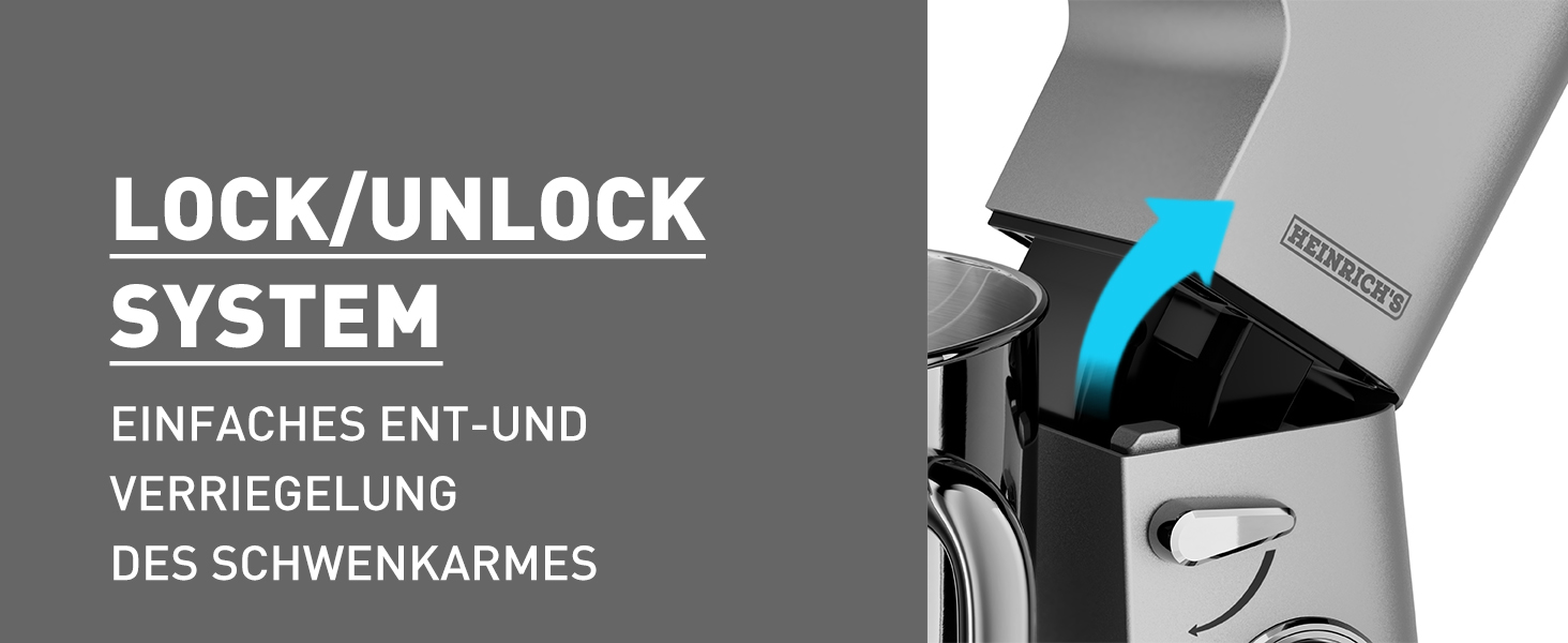 Кухонна машина Heinrichs 2500W з подвійним гаком для тіста, міксером та вінчиком, 8 швидкостей, чаша 8л з нержавіючої сталі, тиха, колір