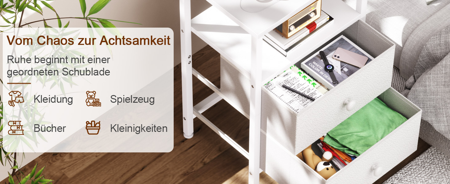 Нічний столик AMHANCIBLE з підзарядкою, приліжкові столики з висувними ящиками з тканини, журнальний столик з відкритою полицею, з 2 USB-портами та 2 розетками, для спальні та вітальні, HETS020GY-1 (Білий)