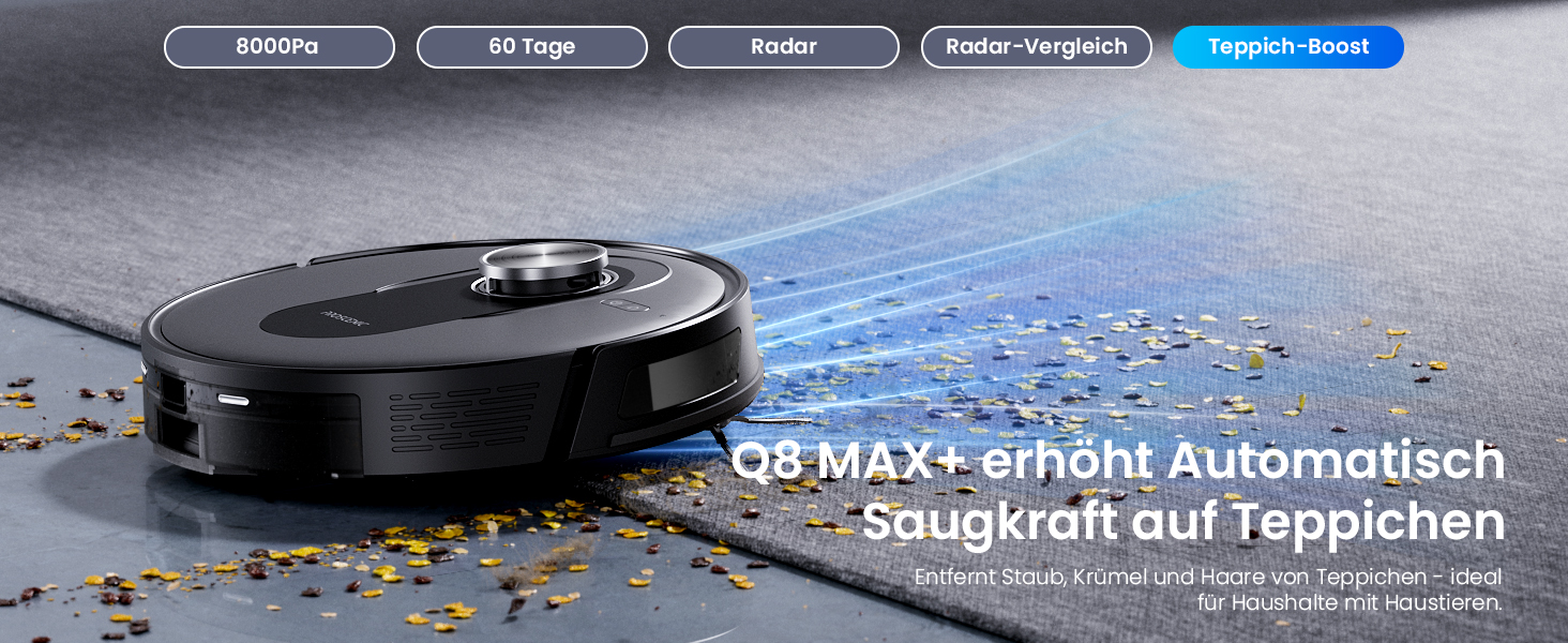 Робот-пилосос Proscenic Q8 Max+ з функцією миття, 8000Pa, 200хв, док-станція для самоочищення, 3л, лазерна навігація, керування через додаток, сумісність з Alexa, Google, Siri, чорний