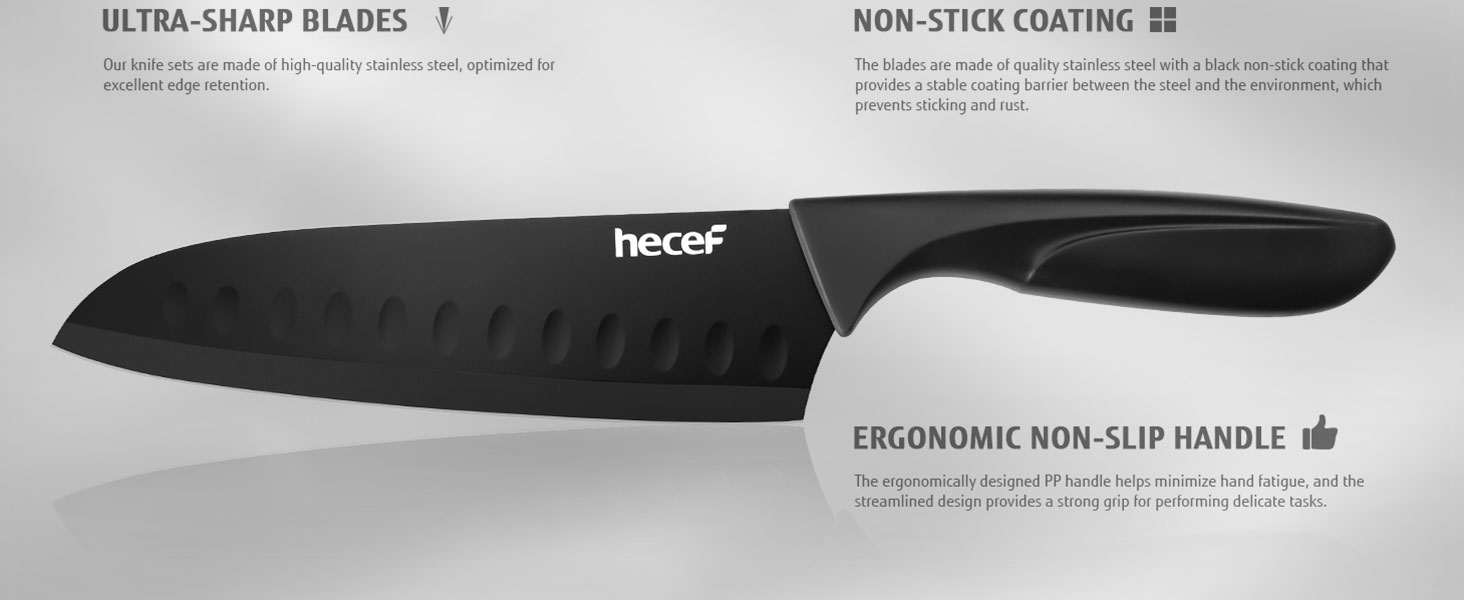 Набір кухонних ножів Hecef 15 предметів з бруском, чорний, з антипригарним покриттям, можна мити в посудомийній машині, самозаточуваний брусок, ергономічні ручки, кухонний набір ножів для початківців та кулінарів-ентузіастів
