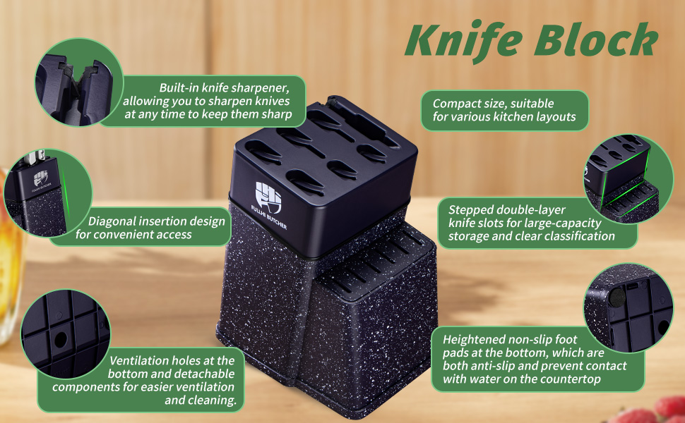 Набір кухонних ножів Fullhi 14 предметів з бруском та чохлом, набір кухонних ножів для приготування стейків, кольорова ручка (фіолетовий смоляний)