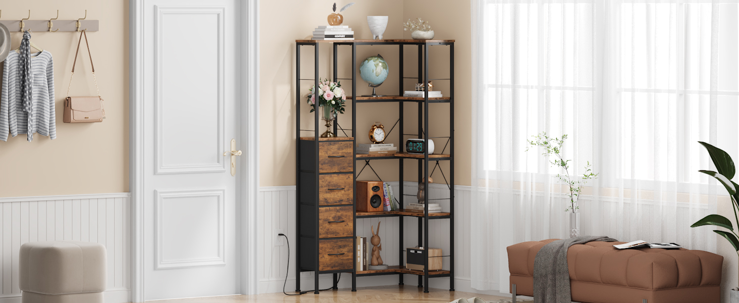 Кутовий стелаж OYRREU з 5 ярусами, LED-підсвічуванням та 4 висувними ящиками. Підходить для вітальні, спальні, офісу, кухні. Вінтажний коричневий колір.