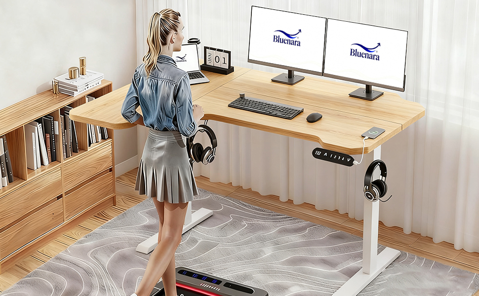 Електричний кутовий стіл з регулюванням висоти 150 см, L-подібний, з 4-ма пам'ятями, світлий дуб, для дому та офісу