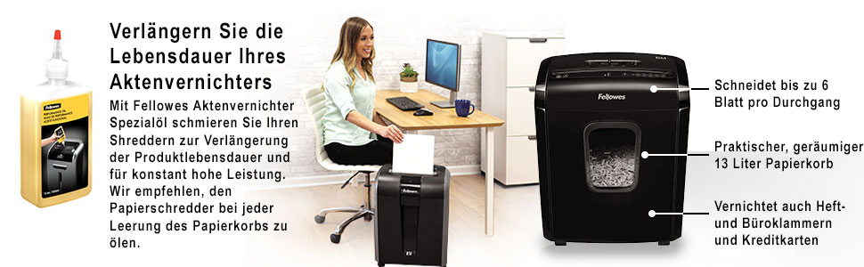 Fellowes Aktenvernichter 6 Blatt Partikelschnitt (P4): Шредер для документів Fellowes Powershred FS-6C, 15л, P4, чорний
