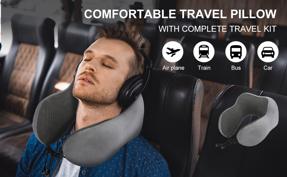 Ергономічна дорожня подушка для шиї Eono з ефектом пам'яті (Memory Foam) у комплекті з маскою для сну, берушами та сумкою, темно-сіра