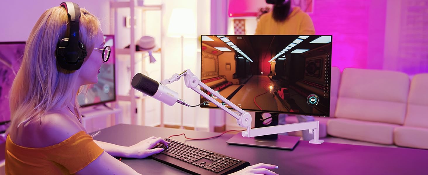 Мікрофонна стійка TONOR T40LP низькопрофільна, біла, з прихованими пружинами, 37+37 см для геймінгу, подкастів, запису звуку