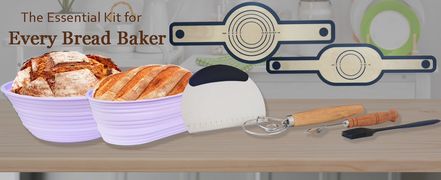Набір для закваски Sauerteig: 650 мл скляний ферментер, силіконові корзини для випічки (круглі та овальні), 30-ти елементний набір для випічки хліба, легко мити та зберігати. Подарунок для початківців та досвідчених пекарів (8 шт. синій набір для ферментації).