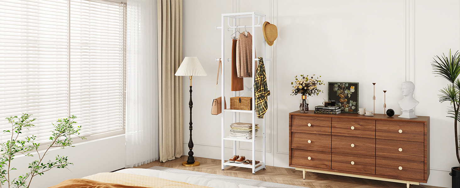 Стійка для одягу IBUYKE, вішалка для одягу з 3 полицями та 8 гачками, індустріальна стійка для передпокою, коридору, спальні, натуральний колір та білий, TMJ088R (180 x 40 x 30 см)