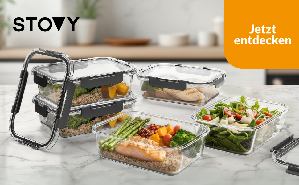 Набір скляних контейнерів для їжі STOVY Meal Prep з кришками, 5 шт по 1040 мл